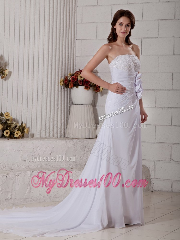 Elegant Strapless Court Train Beading Wedding Dresses with Flowers