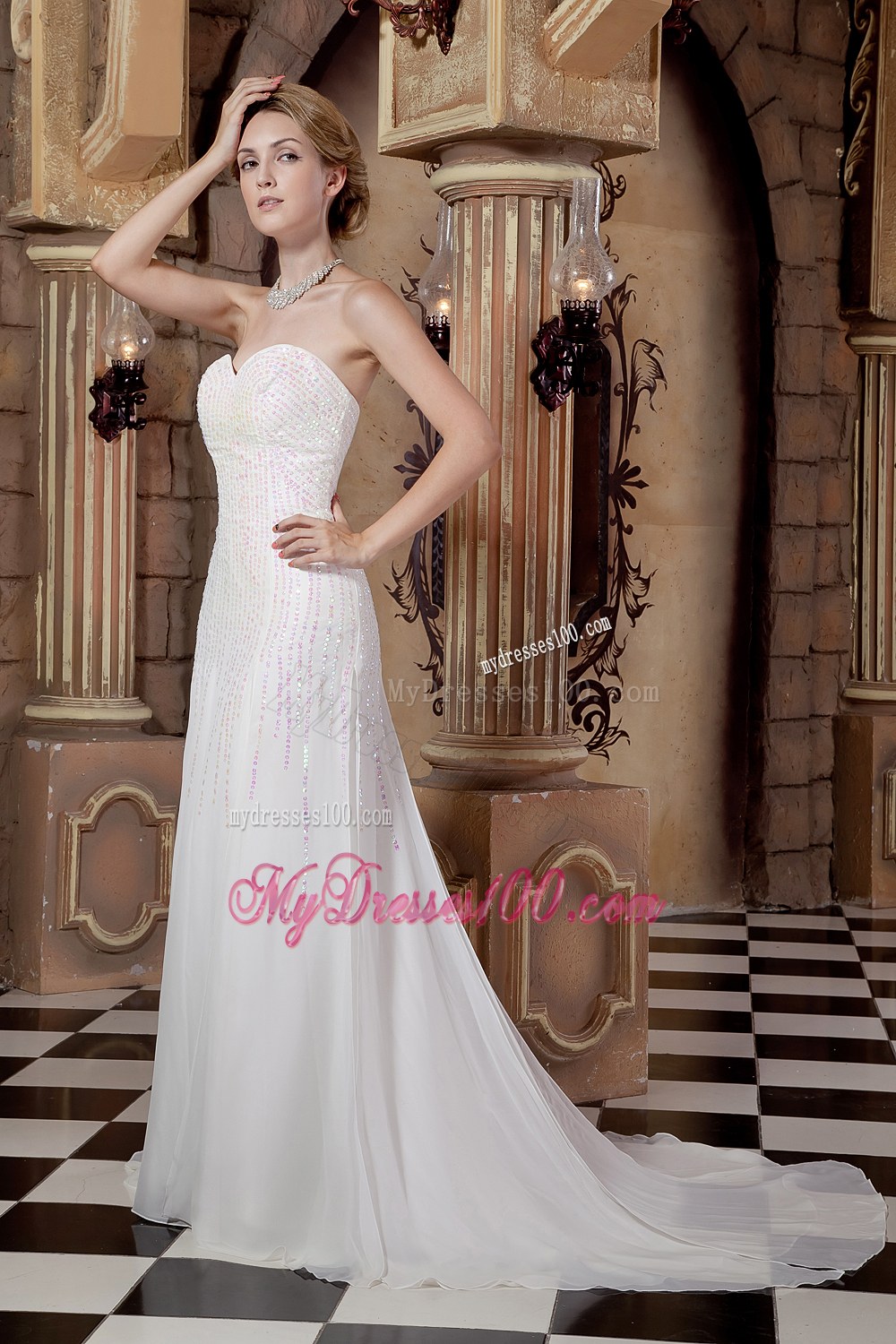 Elegant Empire Sweetheart Court Train Sequins Wedding Dresses