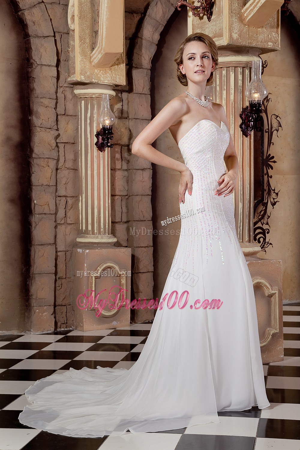 Elegant Empire Sweetheart Court Train Sequins Wedding Dresses
