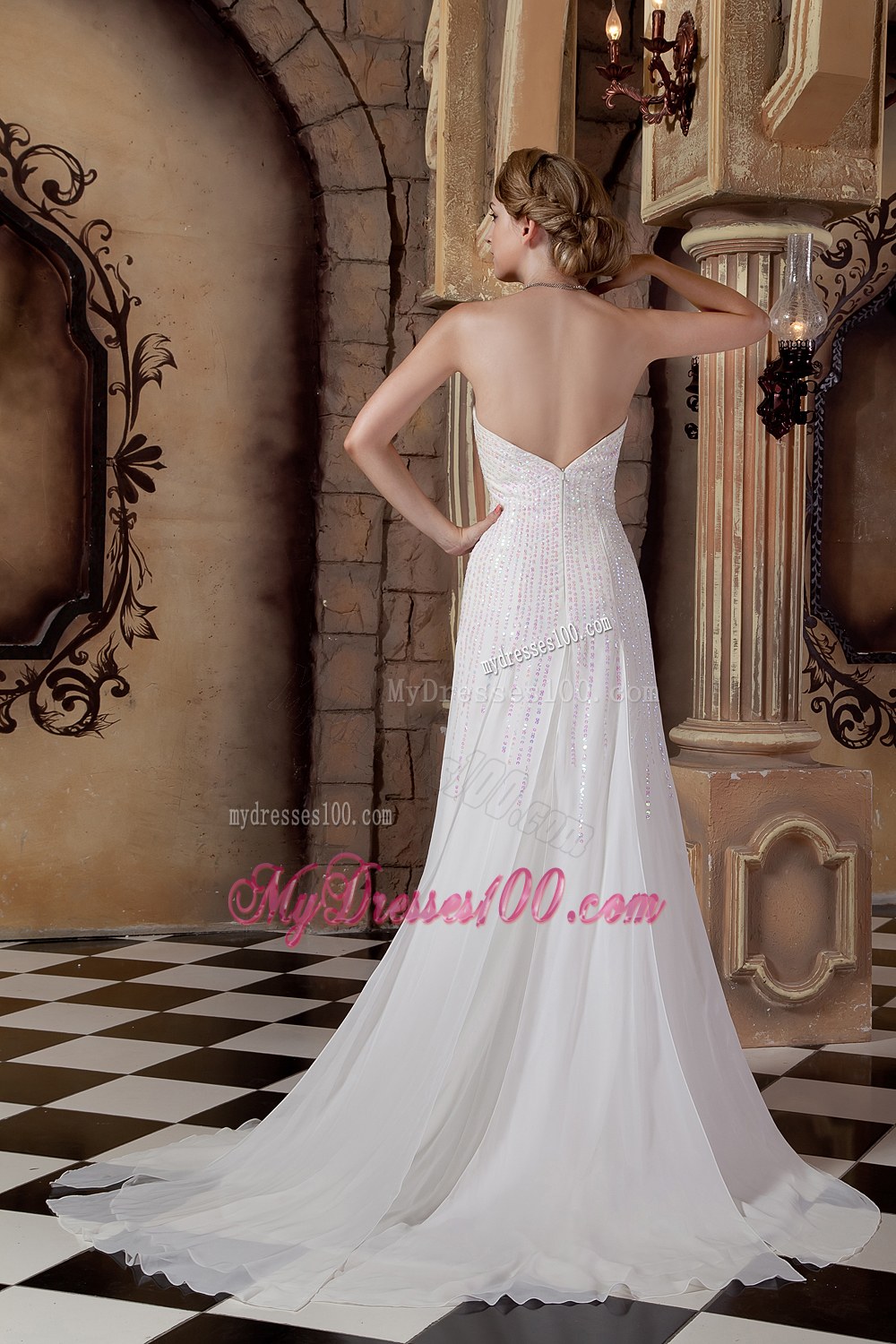 Elegant Empire Sweetheart Court Train Sequins Wedding Dresses