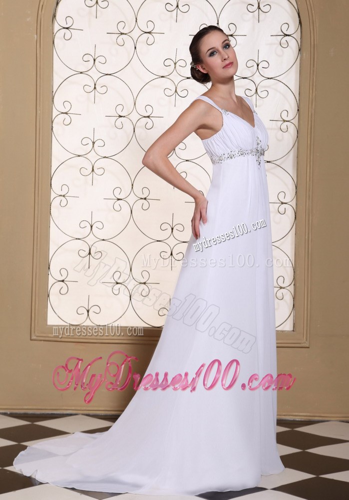Elegant White Wedding Dress For 2013 V-neck Beaded Decorate Bust