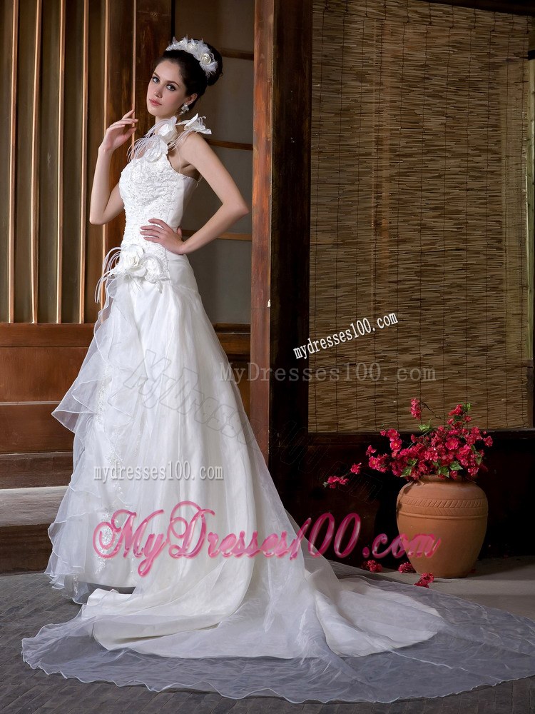 Elegant Flowers One Shoulder Chapel Train Appliques Bridal Dress