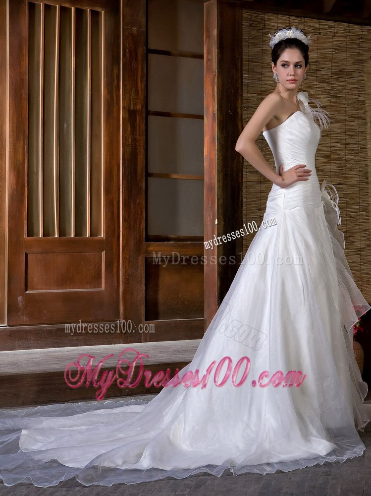 Elegant Flowers One Shoulder Chapel Train Appliques Bridal Dress