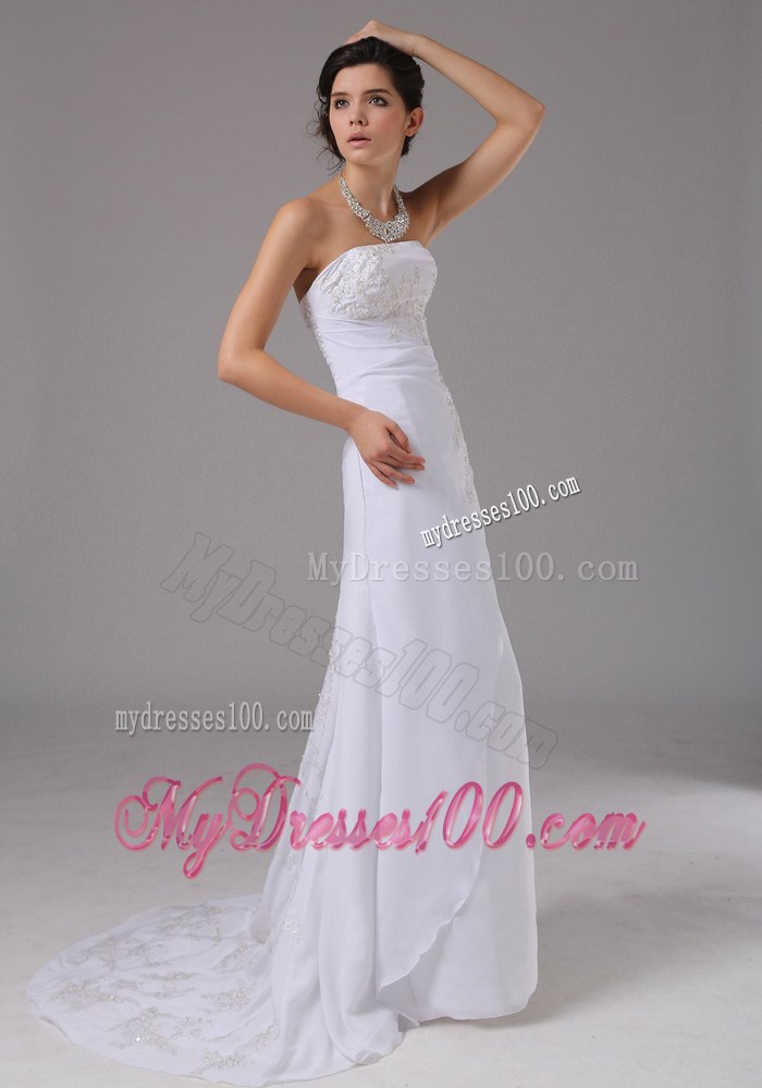 Embroidery Column Strapless Brush Train 2013 Wedding Dress for Cheap