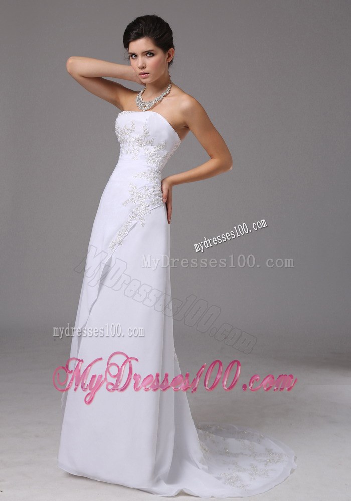Embroidery Column Strapless Brush Train 2013 Wedding Dress for Cheap