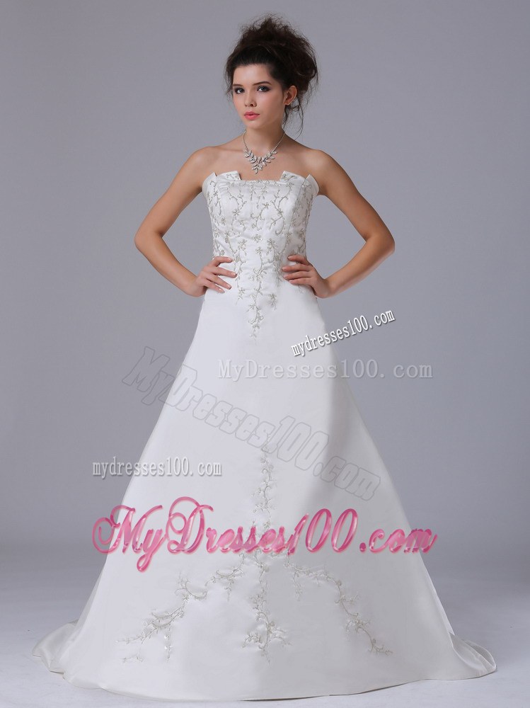 Pretty Embroidery Strapless Brush Train 2013 Wedding Gowns On Sale