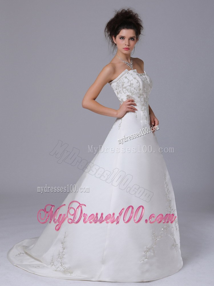 Pretty Embroidery Strapless Brush Train 2013 Wedding Gowns On Sale