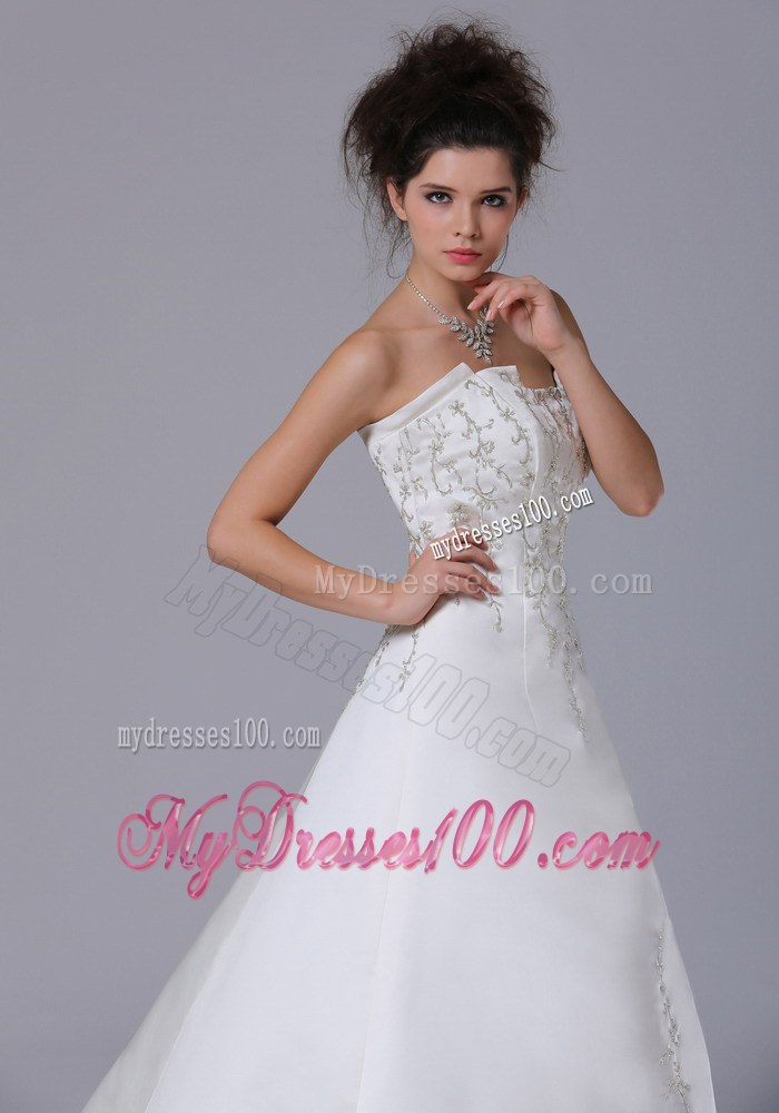Pretty Embroidery Strapless Brush Train 2013 Wedding Gowns On Sale
