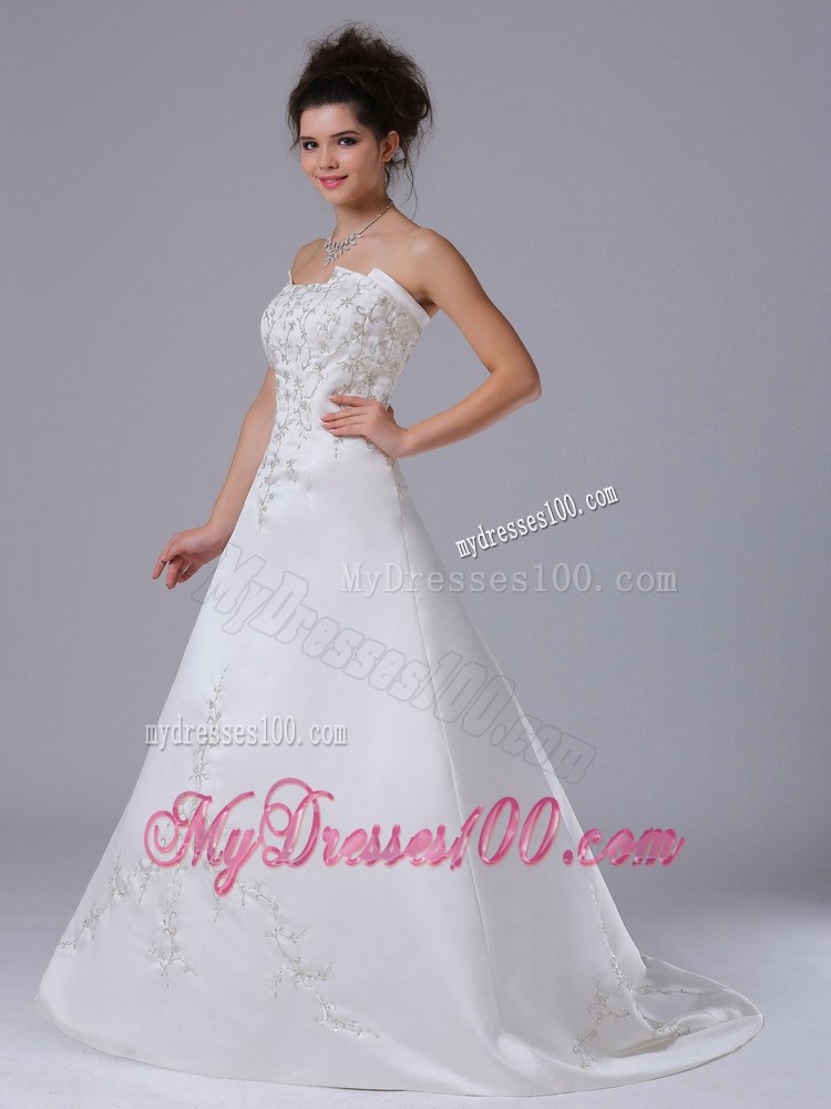 Pretty Embroidery Strapless Brush Train 2013 Wedding Gowns On Sale