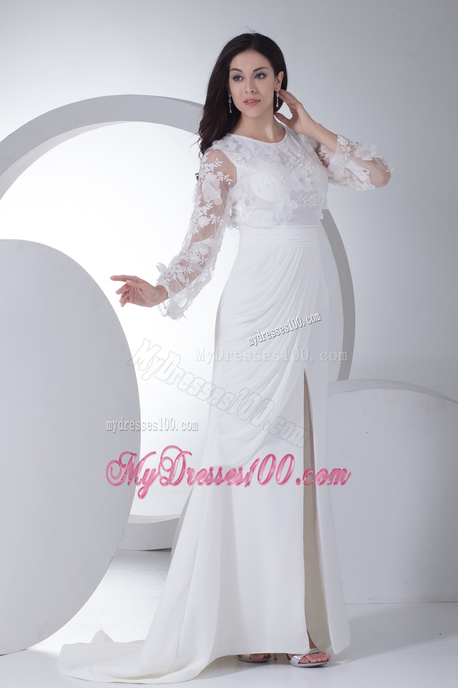 Empire Long Sleeves Scoop Appliques High Slit Wedding Dress