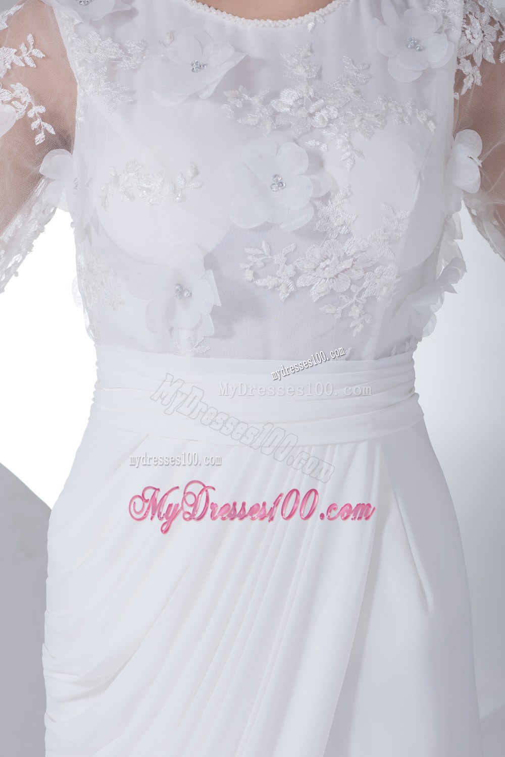 Empire Long Sleeves Scoop Appliques High Slit Wedding Dress