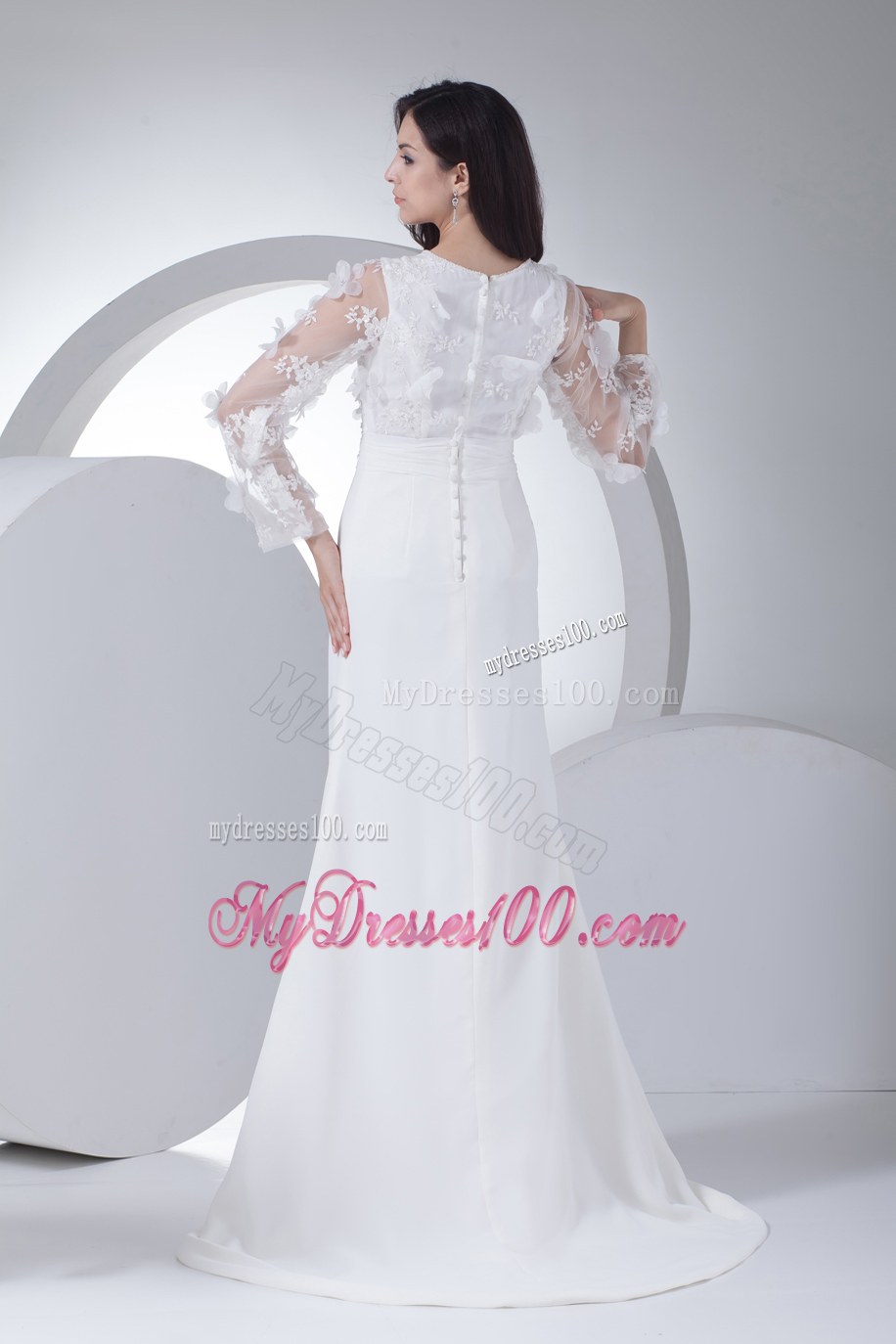 Empire Long Sleeves Scoop Appliques High Slit Wedding Dress