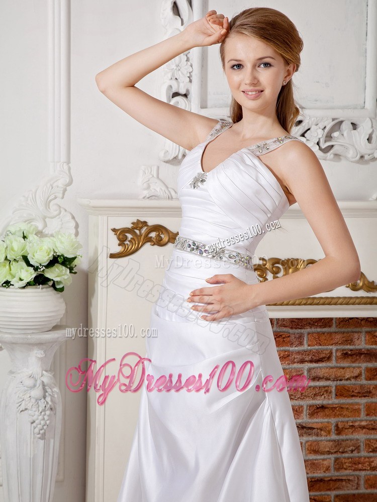 Exclusive V-neck Brush Train Cheap Wedding Dress with Beading
