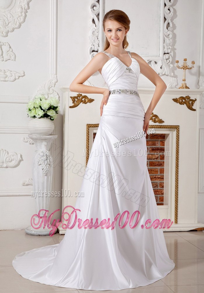 Exclusive V-neck Brush Train Cheap Wedding Dress with Beading