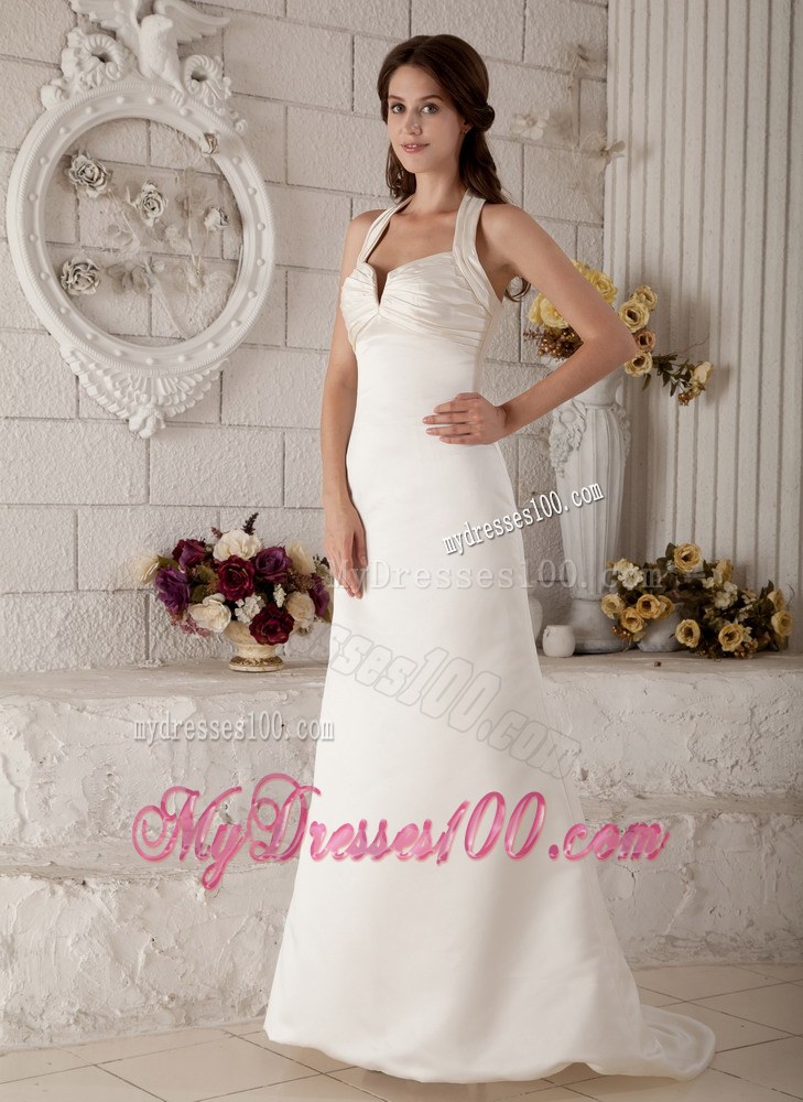 Exclusive Column Halter Brush Train Ruched Wedding Dress for Discount