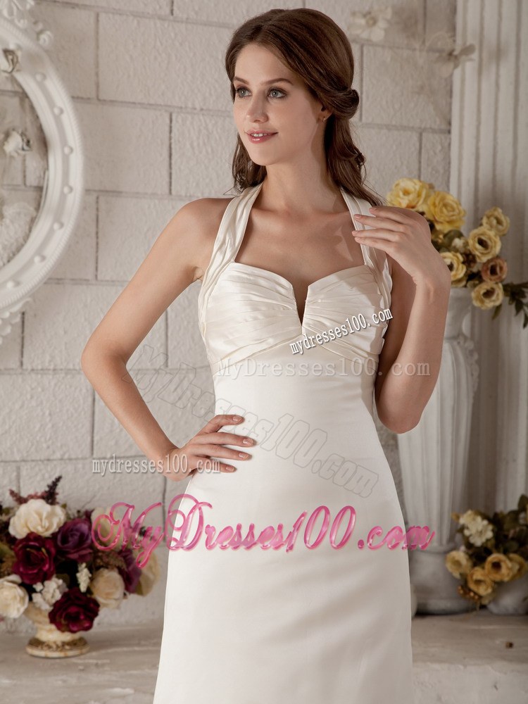 Exclusive Column Halter Brush Train Ruched Wedding Dress for Discount