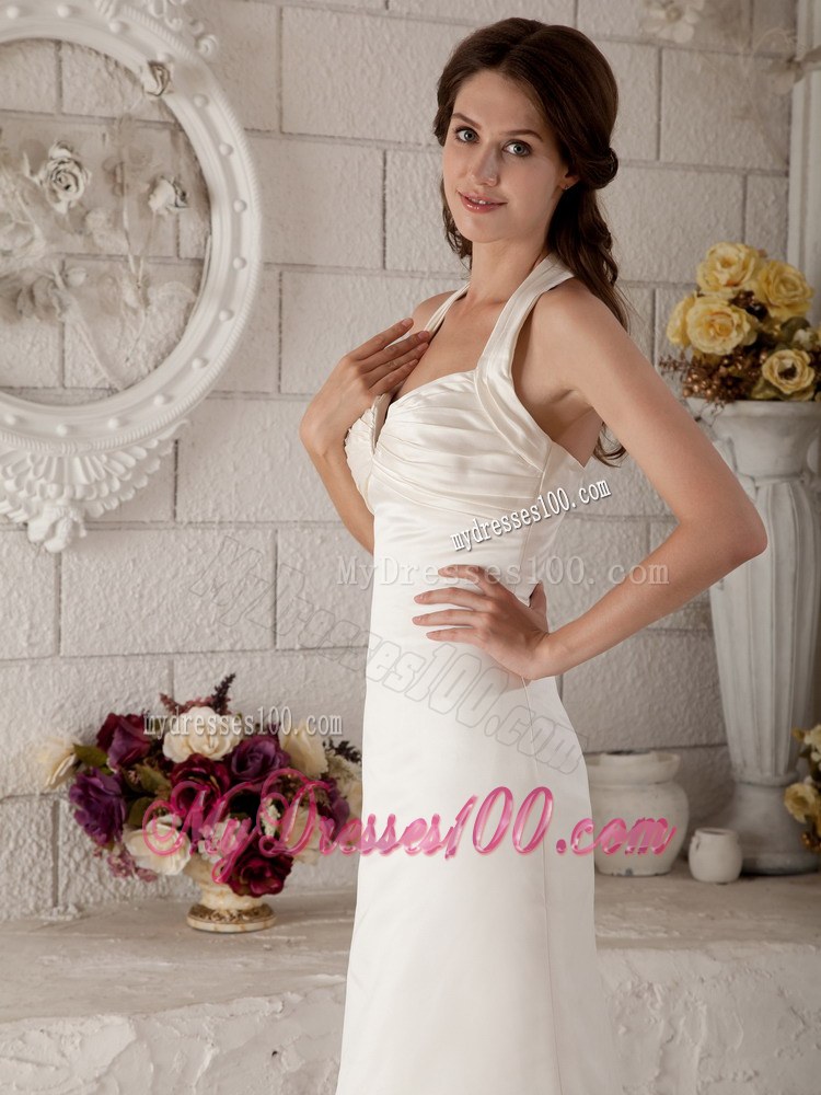 Exclusive Column Halter Brush Train Ruched Wedding Dress for Discount