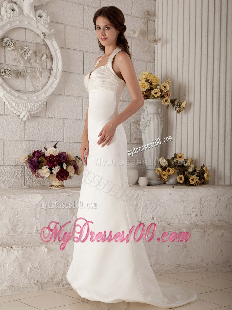 Exclusive Column Halter Brush Train Ruched Wedding Dress for Discount