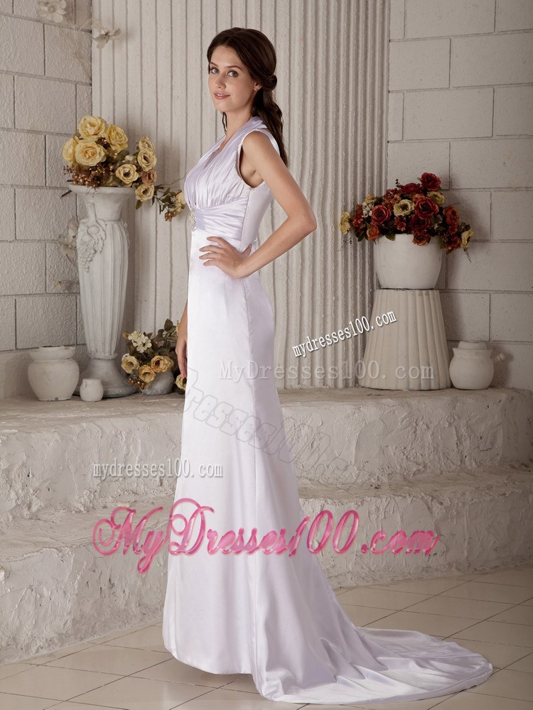 Halter Brush Train Ruching and Beading Wedding Gown for Cheap