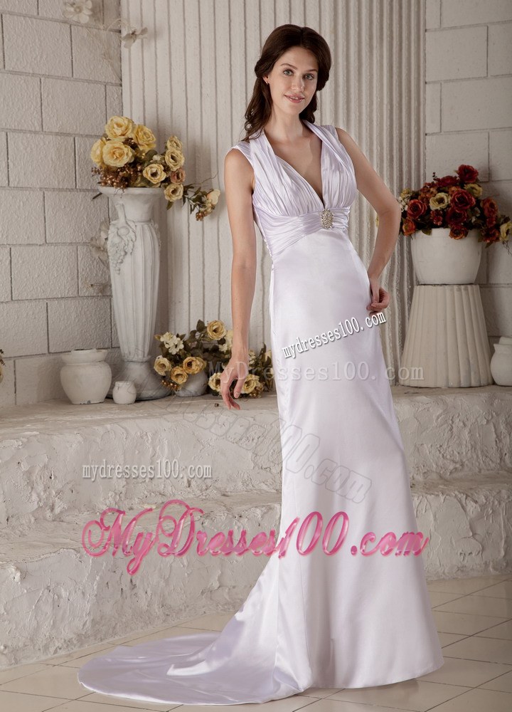 Halter Brush Train Ruching and Beading Wedding Gown for Cheap