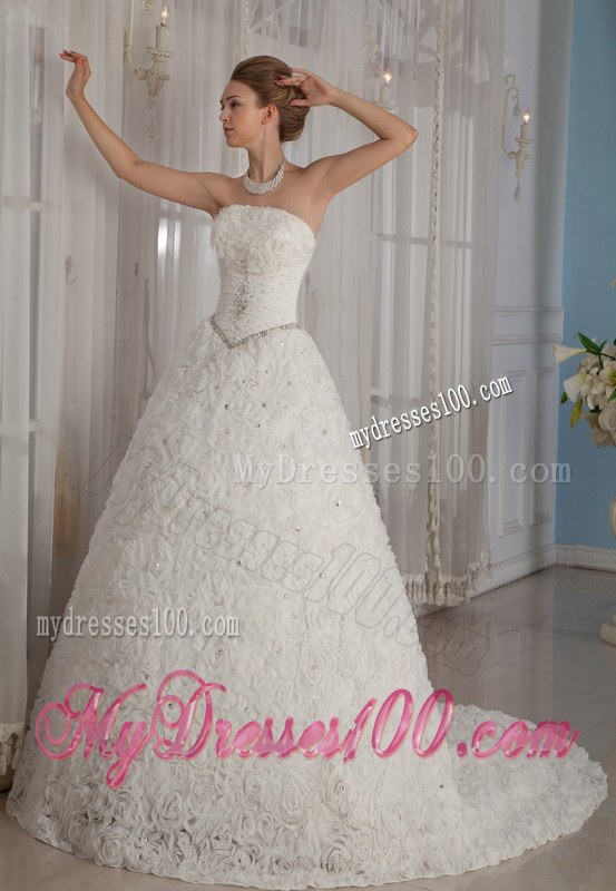 Beaded Strapless Chapel Train Rolling Flowers Wedding Dresses