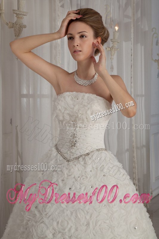Beaded Strapless Chapel Train Rolling Flowers Wedding Dresses