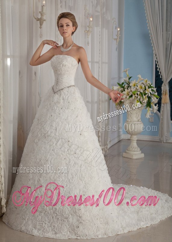 Beaded Strapless Chapel Train Rolling Flowers Wedding Dresses