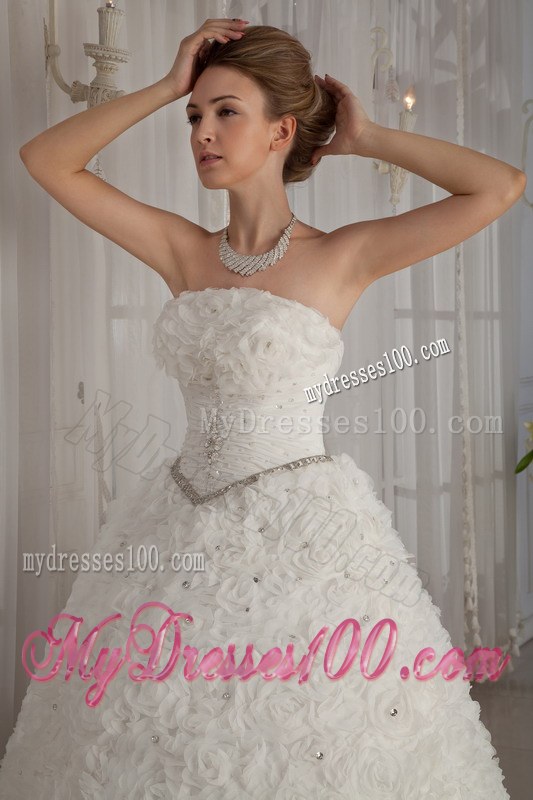Beaded Strapless Chapel Train Rolling Flowers Wedding Dresses