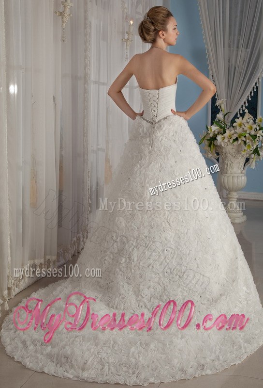 Beaded Strapless Chapel Train Rolling Flowers Wedding Dresses