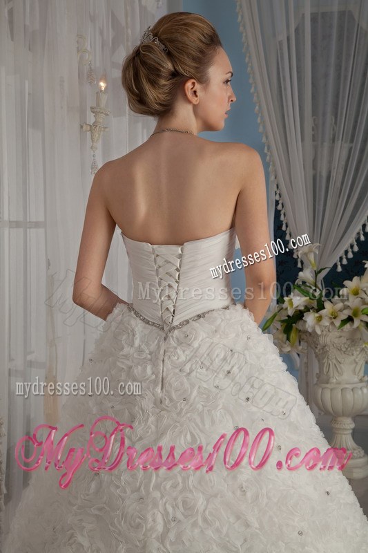 Beaded Strapless Chapel Train Rolling Flowers Wedding Dresses