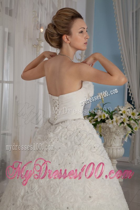 Beaded Strapless Chapel Train Rolling Flowers Wedding Dresses