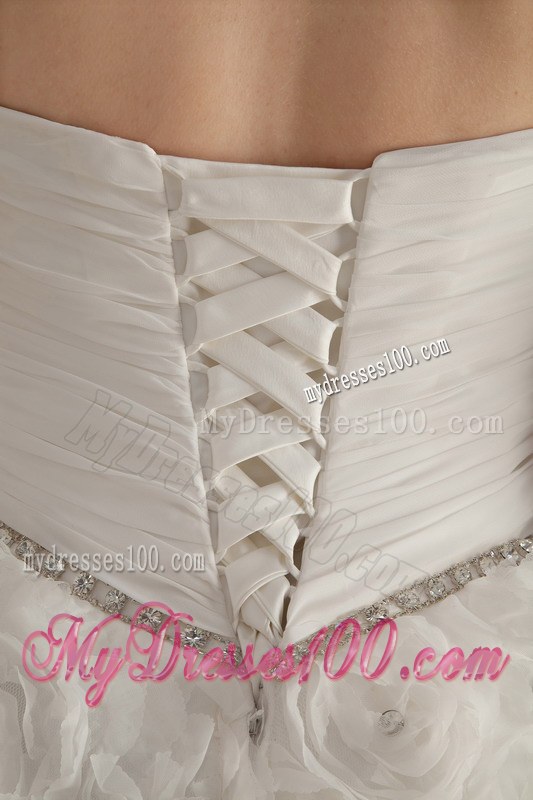 Beaded Strapless Chapel Train Rolling Flowers Wedding Dresses