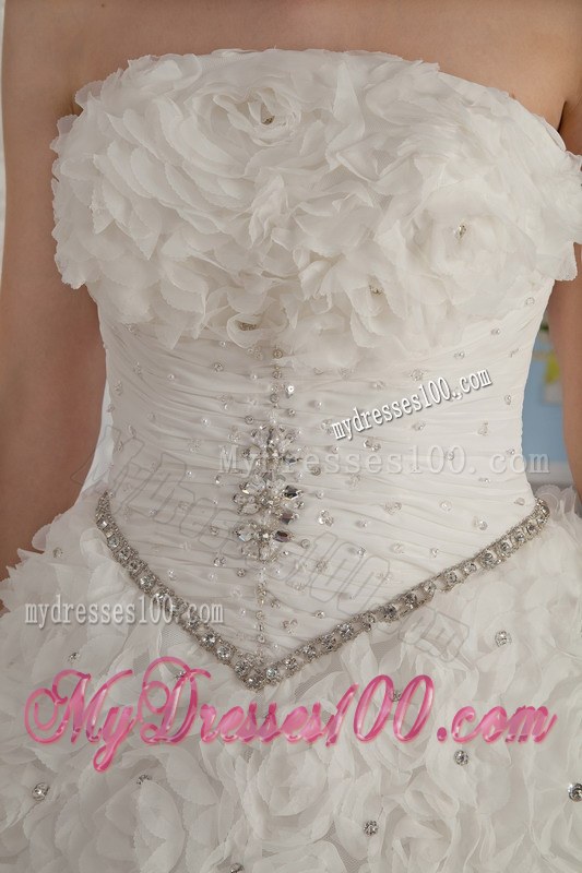 Beaded Strapless Chapel Train Rolling Flowers Wedding Dresses