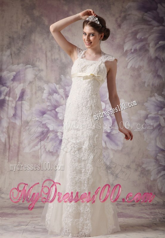 Exquisite Column Straps Floor-length Lace Wedding Dresses with Bow