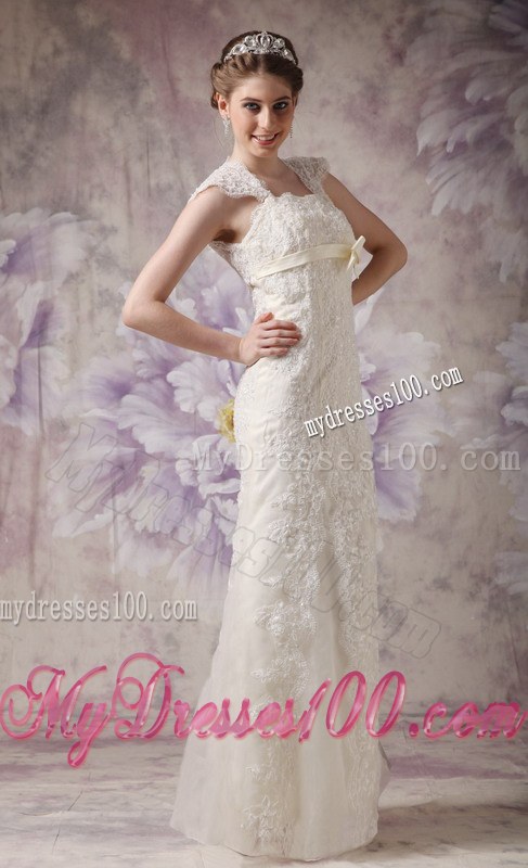 Exquisite Column Straps Floor-length Lace Wedding Dresses with Bow