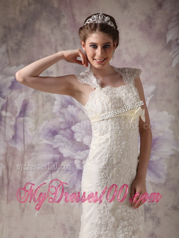 Exquisite Column Straps Floor-length Lace Wedding Dresses with Bow