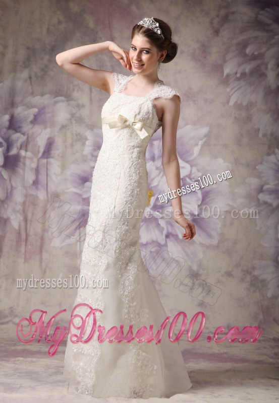 Exquisite Column Straps Floor-length Lace Wedding Dresses with Bow