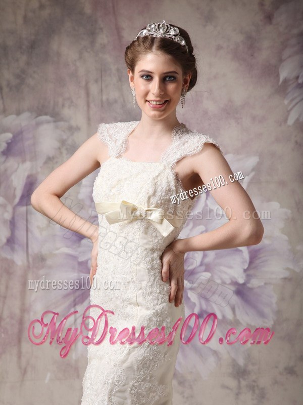 Exquisite Column Straps Floor-length Lace Wedding Dresses with Bow