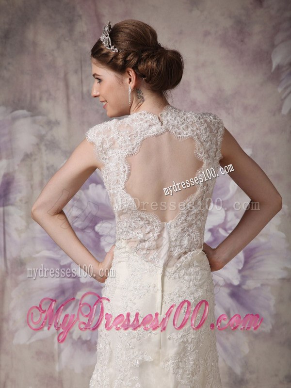 Exquisite Column Straps Floor-length Lace Wedding Dresses with Bow