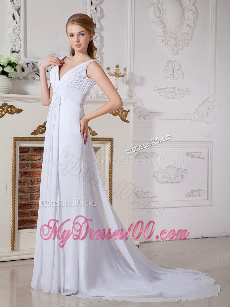 Exquisite V-neck Watteau Train Ruched 2013 Beach Wedding Dress