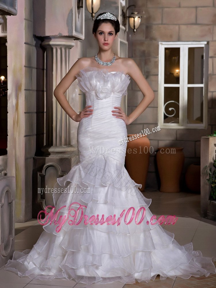 Exquisite Mermaid Strapless Court Train Ruffled Layers Wedding Dress