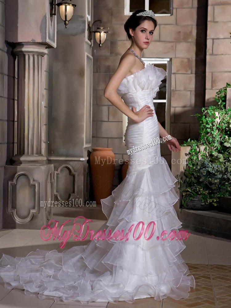 Exquisite Mermaid Strapless Court Train Ruffled Layers Wedding Dress