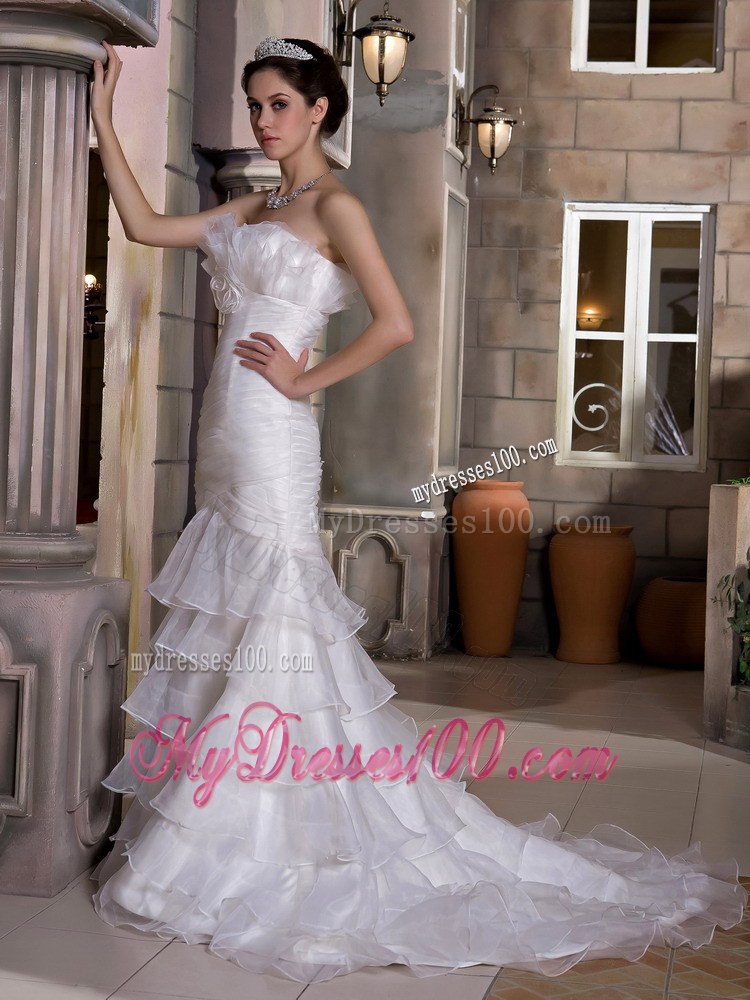 Exquisite Mermaid Strapless Court Train Ruffled Layers Wedding Dress