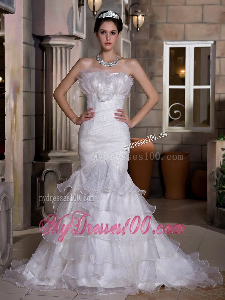 Exquisite Mermaid Strapless Court Train Ruffled Layers Wedding Dress