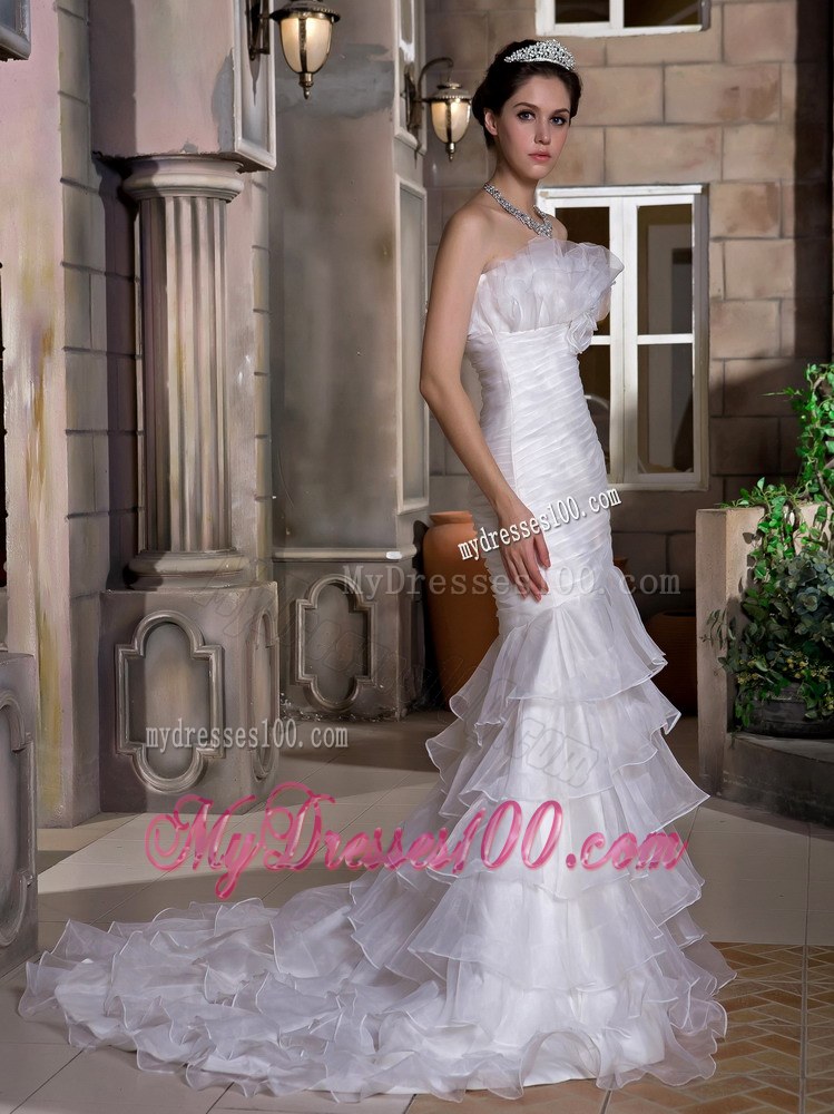 Exquisite Mermaid Strapless Court Train Ruffled Layers Wedding Dress