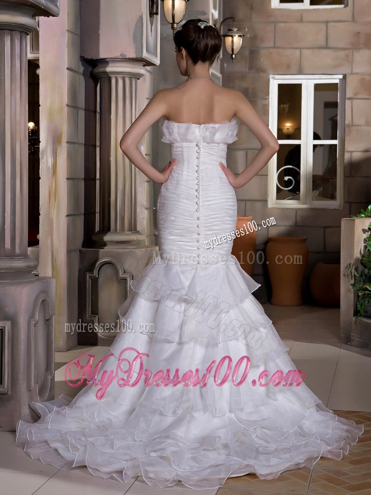 Exquisite Mermaid Strapless Court Train Ruffled Layers Wedding Dress
