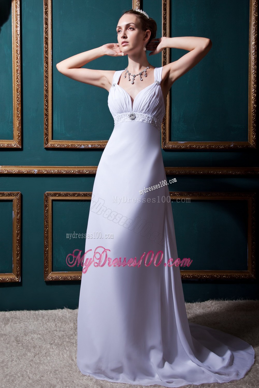 Fashionable Empire V-neck Brush Train Beading Wedding Dress