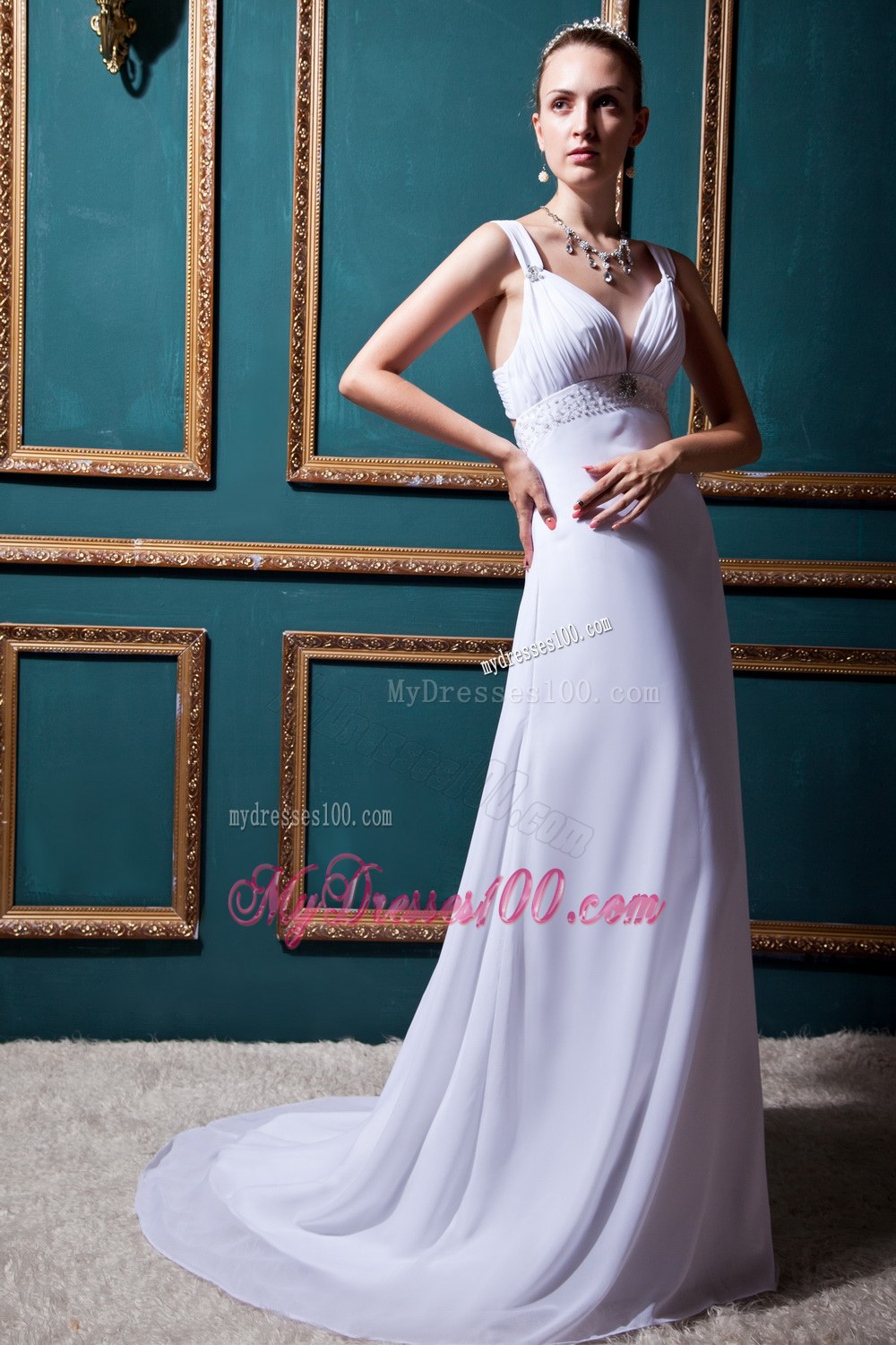 Fashionable Empire V-neck Brush Train Beading Wedding Dress