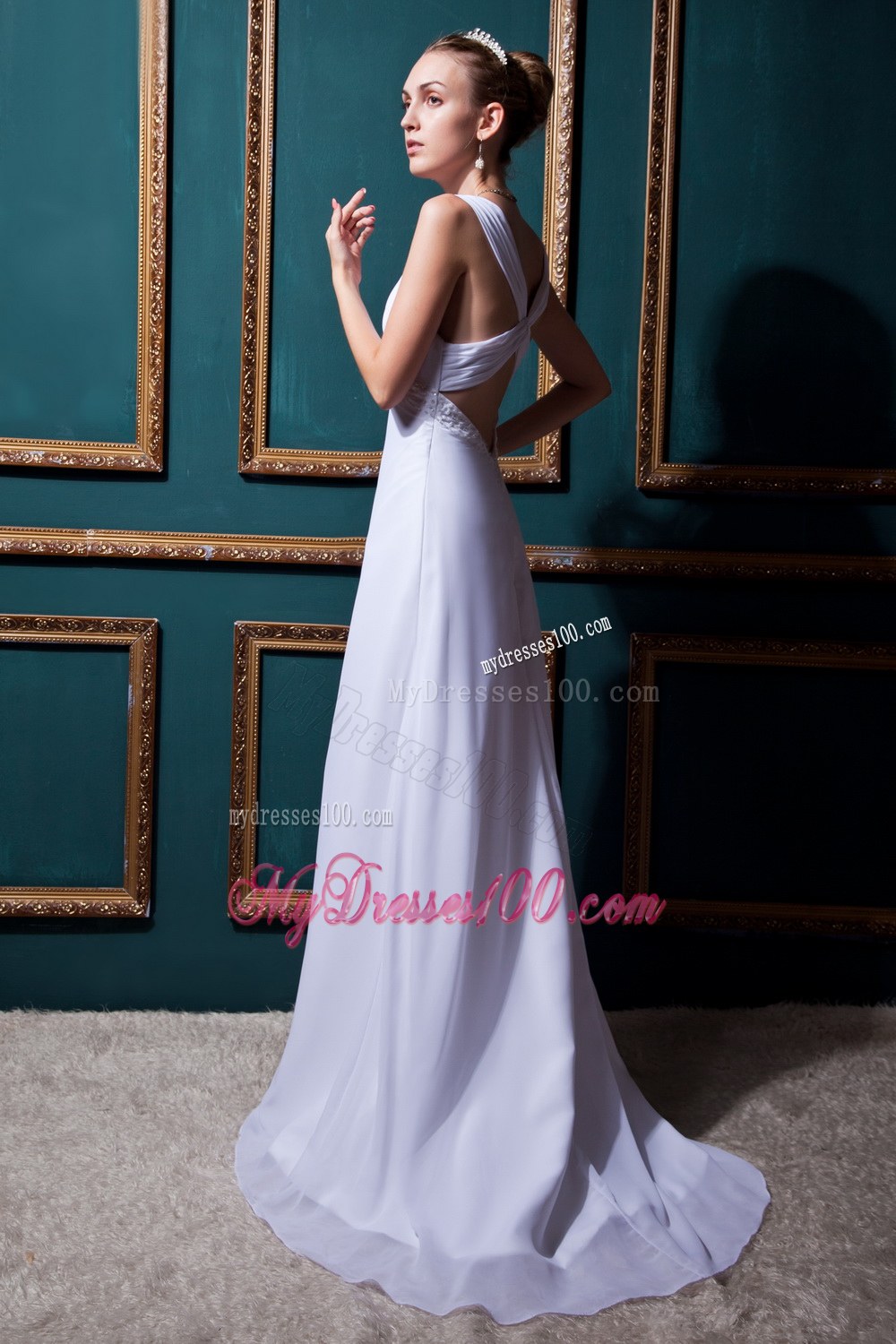Fashionable Empire V-neck Brush Train Beading Wedding Dress
