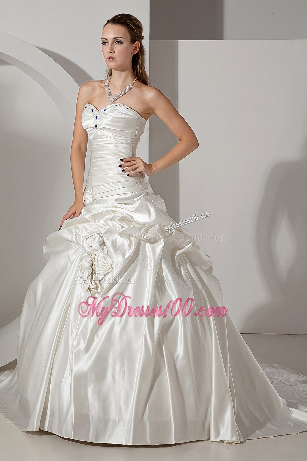 Formal Sweetheart Chapel Train Beaded Wedding Dress with Flowers